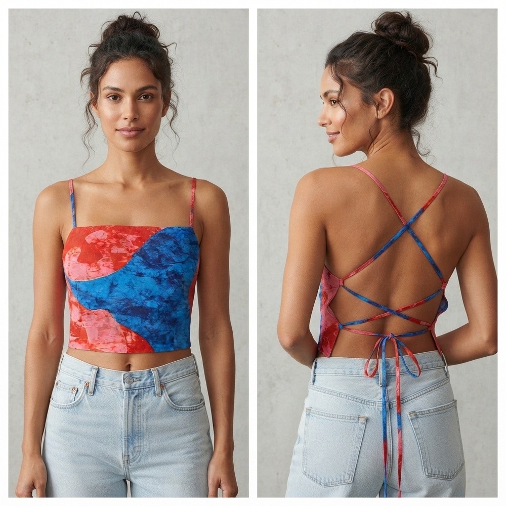 Mara Hoffman 100% Hemp Tie Back Crop Top Bustier Red Blue Pink Size Small